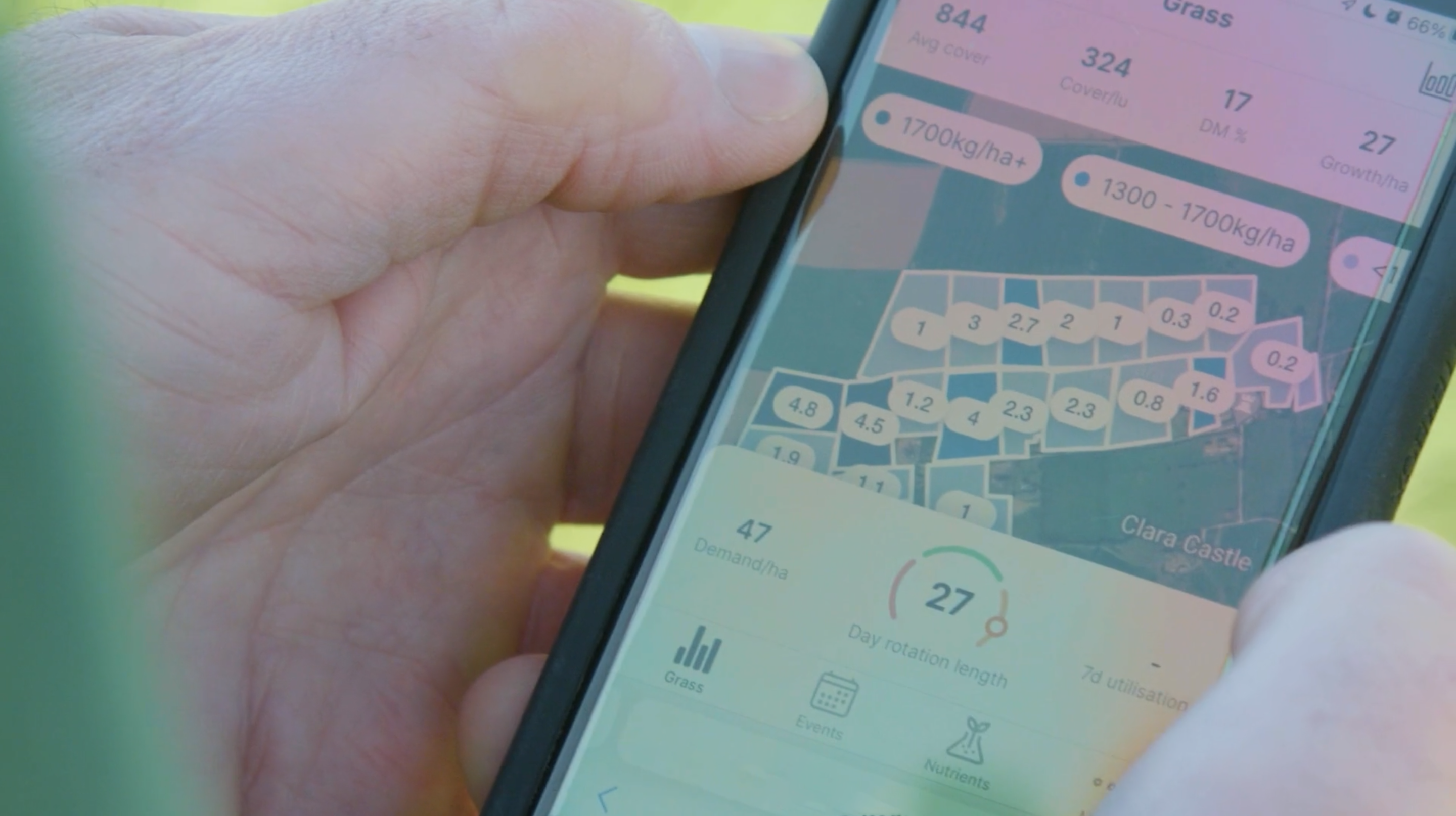 A farmer uses the GrassMax app in the field, checking grass growth against demand from livestock to maximise grass utilisation. Credit: Origin Digital